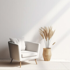 soft armchair and a vase with dry grass in empty room in morning light, minimalist modern living room interior background, scandinavian style, empty wall mockup