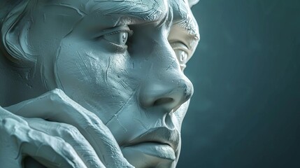 A closeup 3D model of a business mans face, halfcovered by his hand in a thoughtful pose, emphasizing contemplation