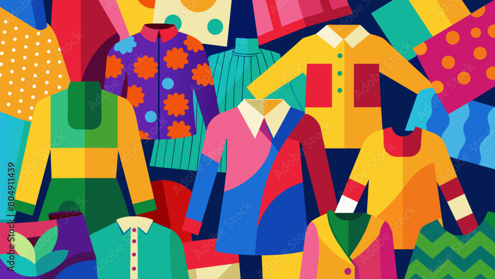 Poster clothes of all colors and styles covering every surface creating a vibrant and eclectic display at t
