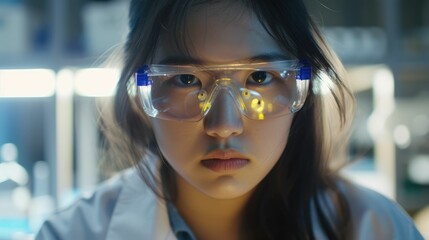 The close up picture of the young female scientist is experimenting inside laboratory while wearing lab coat and safety goggle, the scientist require skill like research skill, analyze skill. AIG43.