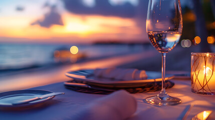 An elegant beachside dining setup featuring glass of wine lit candles sunset backdrop This scene captures the essence of a romantic evening by the sea offering a serene and luxurious dining experience