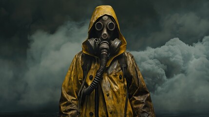 Photo of a human in a chemical suit and gas mask against the backdrop of the post-apocalypse