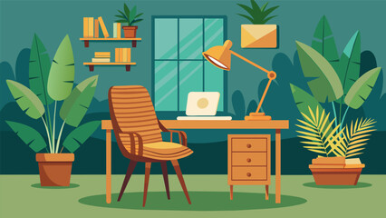 A tropicalthemed home office adorned with thrifted bamboo decor a thrifted wicker chair and a refurbished wooden desk with a palm leaf print.. Vector illustration