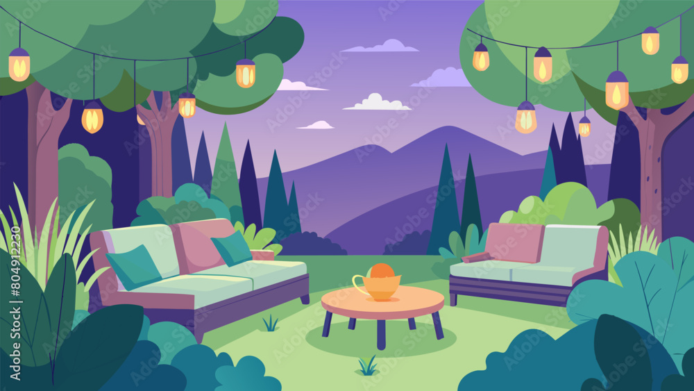 Poster a garden with soft cushioned seating and gentle mood lighting inviting visitors to sit relax and esc