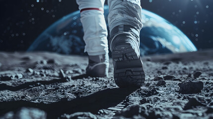An astronaut's boots tread across the alien landscape of a distant planet, under a surreal celestial sky dramatic exploration moment, emphasizing the vastness and mystery of space travel.