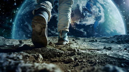 Captivating view of an astronaut's boots treading over the rocky surface of an alien planet, with a distant sun and another planet visible in surreal sky adventure and isolation of space exploration.
