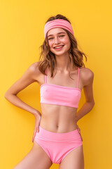 Beautiful smiling young woman wearing a pink bikini swimming suit on yellow background