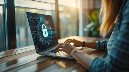 cybersecurity professional focuses on enhancing data protection, as depicted by digital lock symbol on her laptop screen setting sun casts a warm glow over her work environment - Powered by Adobe
