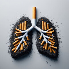 Ein konzeptuelles Bild einer besch&auml;digten menschlichen Lunge bestehend aus Zigaretten und Zigarettenstummeln, umgeben von Asche
