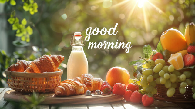 Good morning banner with a perfect healthy breakfast with fresh fruits and milk in morning light and written good morning to start the day on a positive note