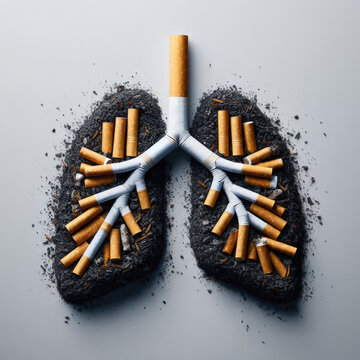 Ein konzeptuelles Bild einer beschädigten menschlichen Lunge bestehend aus Zigaretten und Zigarettenstummeln, umgeben von Asche