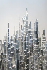 Fototapeta premium Skyscrapers made from paper clips. Tall, sleek structures towering over the cityscape, their metallic surfaces catching the light