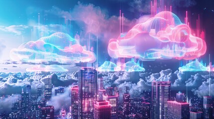 Cloud computing cityscape, smart city.big data exchange storage, future technology futuristic concept.