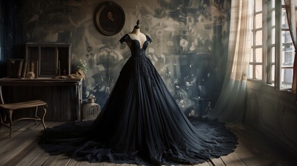 Beautiful stylish women's dress in a gothic style in black on a mannequin