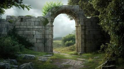 Gate of an abandoned ancient castle against the background of the sky and forest