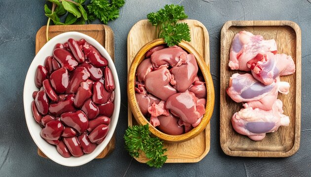 Raw chicken giblets raw poultry meat set  liver, stomach and heart
