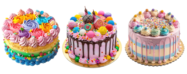 collection of three colorful birthday cake with creamy flower