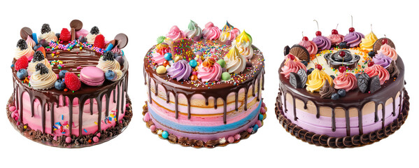 tasty birthday cake with chocolate drip in set of three