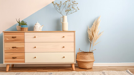 Rustic wooden dresser in an interior design room composition. Minimalistic, chic interiors.