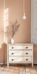 Rustic wooden dresser in an interior design room composition. Minimalistic, chic interiors.