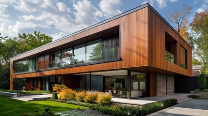 Minimal modern house, rich wood panels, clean architectural lines, integrated green spaces