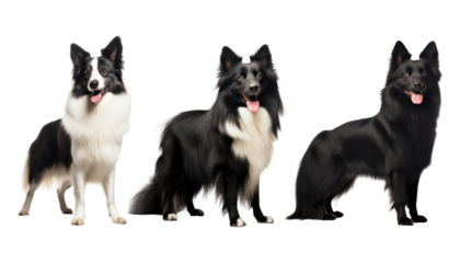 group of black and white dogs isolated on transparent background cutout