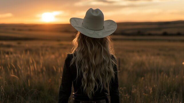 girl wearing a cowboy hat looking at the sunset
