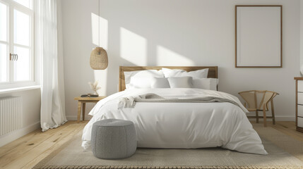 A cozy, minimalist bedroom with white bedding and abundant natural light