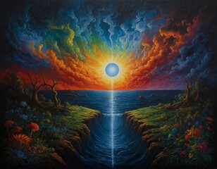 Beautiful vibrant colorful mystical sunset landscape next to the ocean with bright multi-colored billowing clouds and cliffs with flowers and trees