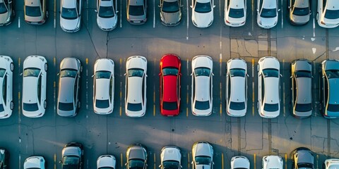 aerial top view of many white cars on car auction except in the middle is red car.