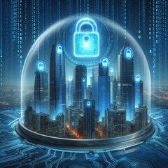  A digital city protected by a blue dome with a padlock icon.