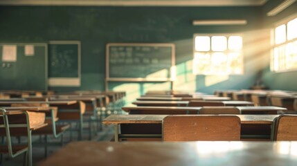 A classroom featuring rows of wooden desks and chairs, setting the scene for a learning environment