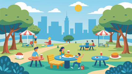 A city park with designated picnic areas for individuals with food allergies to safely enjoy a meal outdoors.. Vector illustration