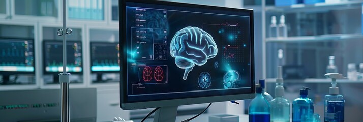 Brain testing result on digital interface on laboratory or surgery background, innovative technology in science and medicine concept. Medical technology background