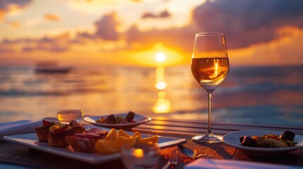 An intimate and serene setting featuring a sunset dinner by the sea, with a wine glass reflecting the golden hour glow