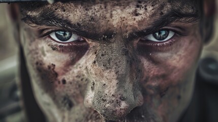 Close Up Of A Dirty Face Of A Soldier Wearing Helmet In War . Angry And Confident Determined Expressions And Eyes .Patriotism