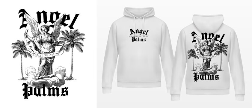 Art design of urban featuring an illustrated angel and palms, victorian illustration. Gothic font texts add an authentic urban, white hoodie and template. Perfect for clothing patterns seeking
