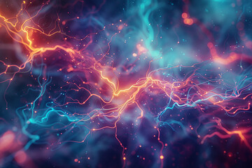 Delicate neural networks intertwine in a symphony of vibrant colors, pulsating with electric energy.