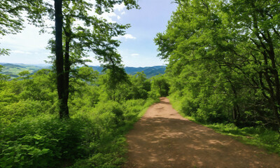 Endless hiking trail, green trees, hills in the background