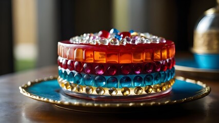  A Beautifully Adorned Dessert with Jewel-Like Decorations, Delightful Jello Cake Vibrant Red and Green Jelly with Jewel Adornments on a Plate, Sweet and Colorful A Beautiful Jello Cake Adorned
