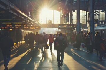 people crowd in busy train station illuminated by sun light.