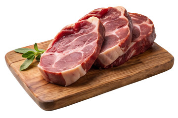raw meat placed on a rustic wooden surface with a transparent background, highlighting the natural and organic qualities of the ingredients.