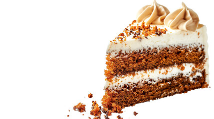 Delicious Homemade Carrot Cake with Cream Cheese Icing on Isolated Background - Gourmet Dessert Slice for Indulgence and Snack Time, Perfect for Vegetarian Cuisine