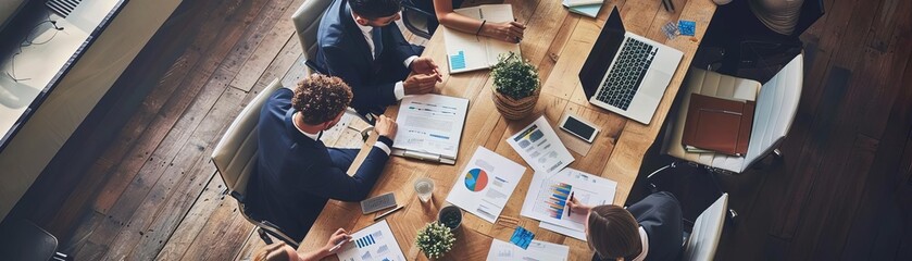 A highangle view of a corporate meeting discussing risk and return management with charts and graphs on the table