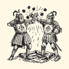  Two Knight Fighting and Wearing Medieval Knight Armor Engraved Line