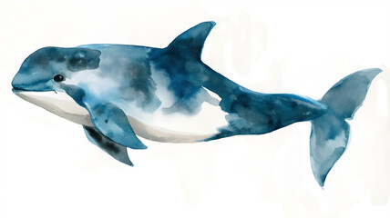 Watercolor painting of a blue dolphin, depicted with flowing, gentle strokes, highlighting its dynamic movement and aquatic grace.