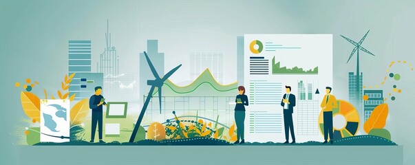 Detailed review session of a company s sustainable practices, with auditors checking environmental impact reports and investment logs