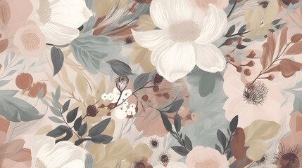 muted pastel vintage antique blooming flowers illustration soft light floral background wallpaper pattern