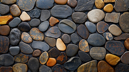 A detailed close-up of a variety of smooth river stones in an array of earth tones, neatly arranged to fill the frame. - Powered by Adobe