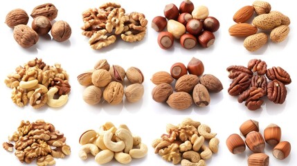 An array of nuts is isolated on a white background focusing on the unique shapes and textures of each type